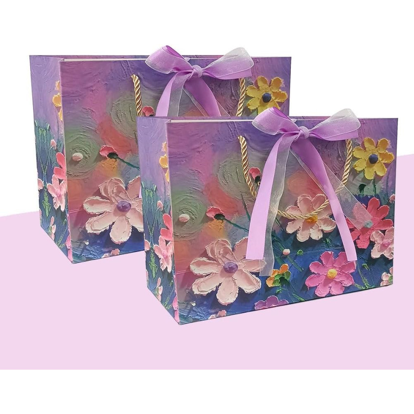 Packaging bag, hand-held paper bag, gift bag, fashion gift bag, 3D stereoscopic vision, oil painting, cute style, birthday packaging bag (Lx2 pieces, Purple Hanasaki)