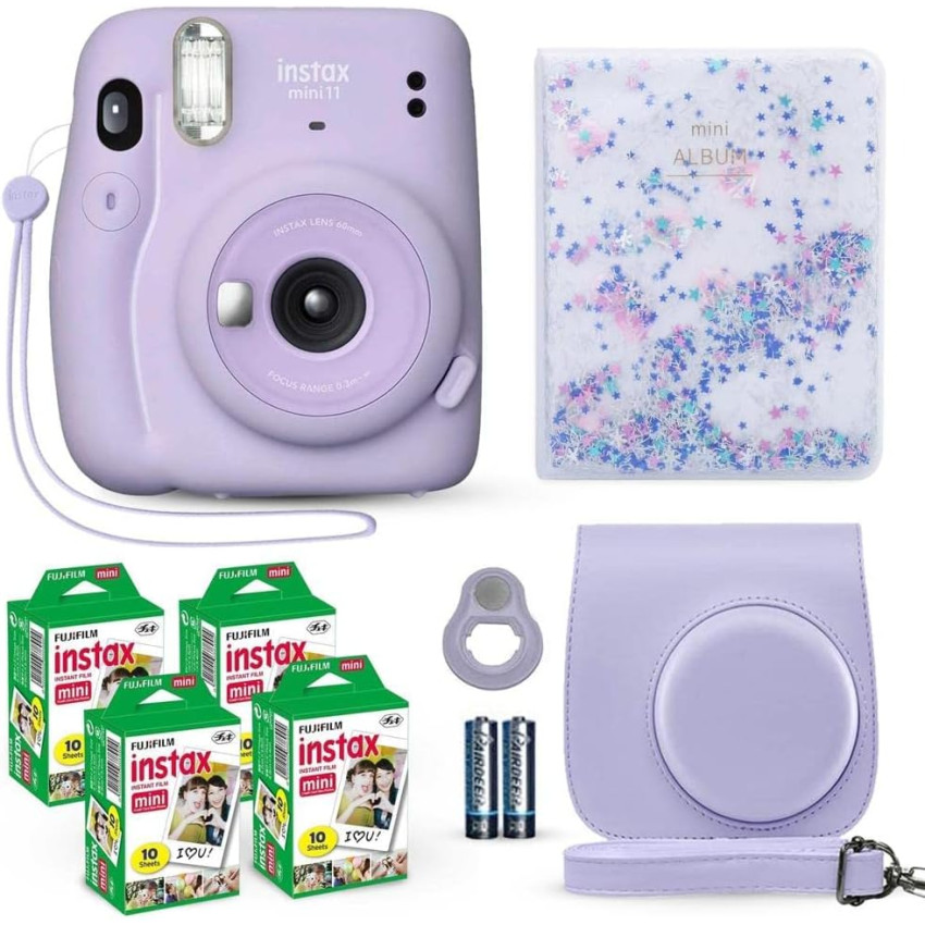 Máy ảnh tức thì Fujifilm Instax Mini 11 Lilac + Gói giá trị Fujifilm (40 ảnh) + Bộ phụ kiện màn trập Hộp đựng tương thích, Album hạt cát lún 64 túi